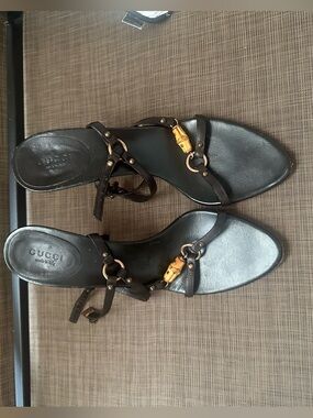 Gucci Black Leather Sandal with Bamboo Accent